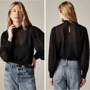 J Crew Top Chiffon Ruffleneck Women’s Black Long Sleeve Lined Sz XS NWT